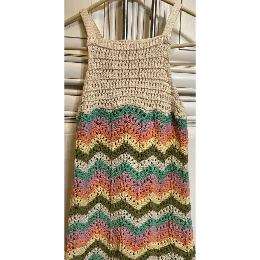 Zara Girls Chevron Sleeveless Square Neck Crochet Sundress Multicolor Size 8-9